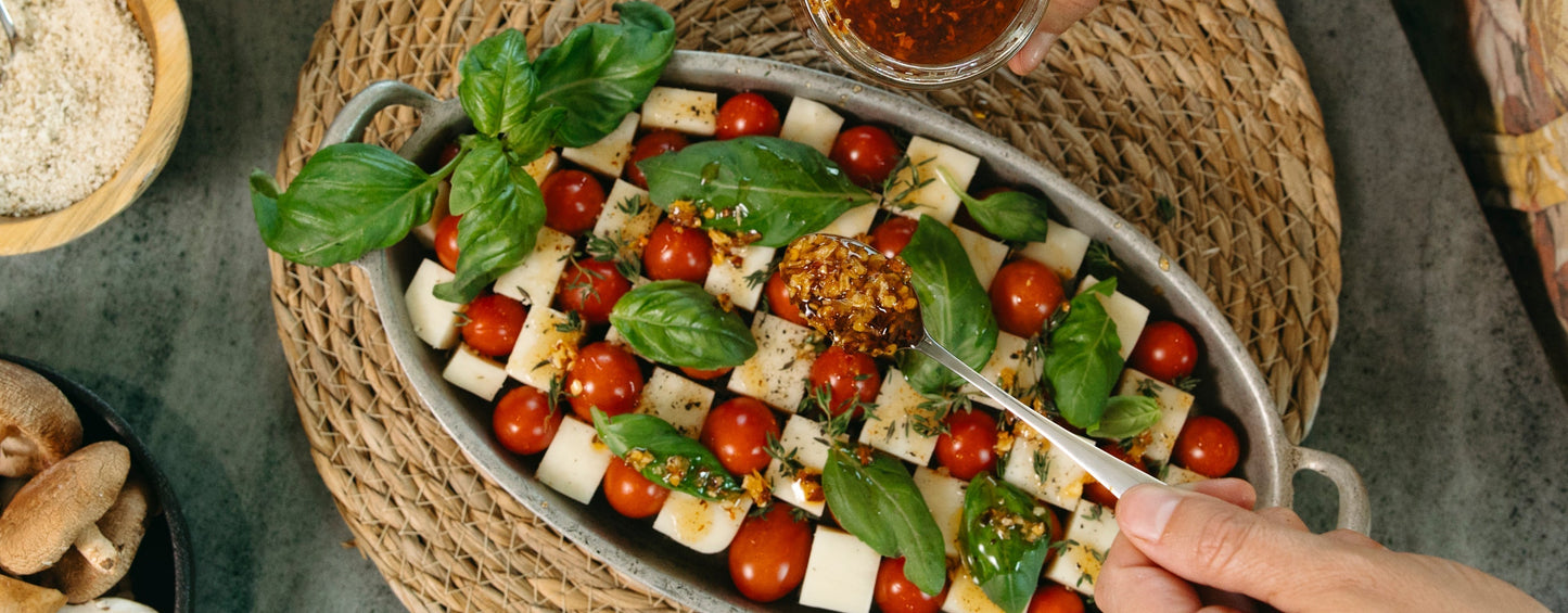Checkerboard Caprese with Chili Crisp