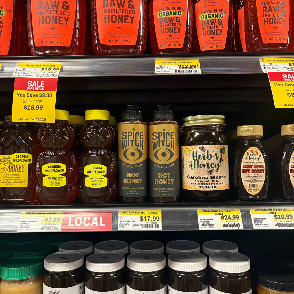 Spice Witch jars on a store display