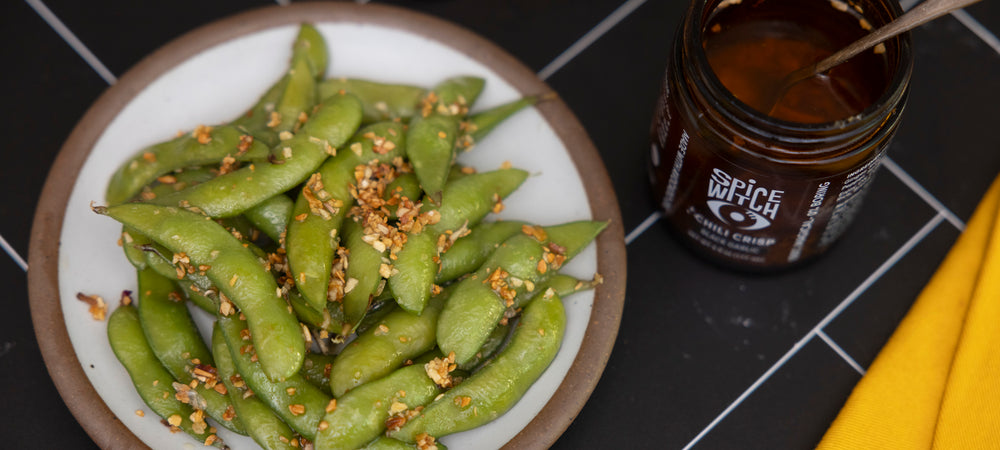 Black Garlic Edamame with Spice Witch Black Garlic Chili Crisp