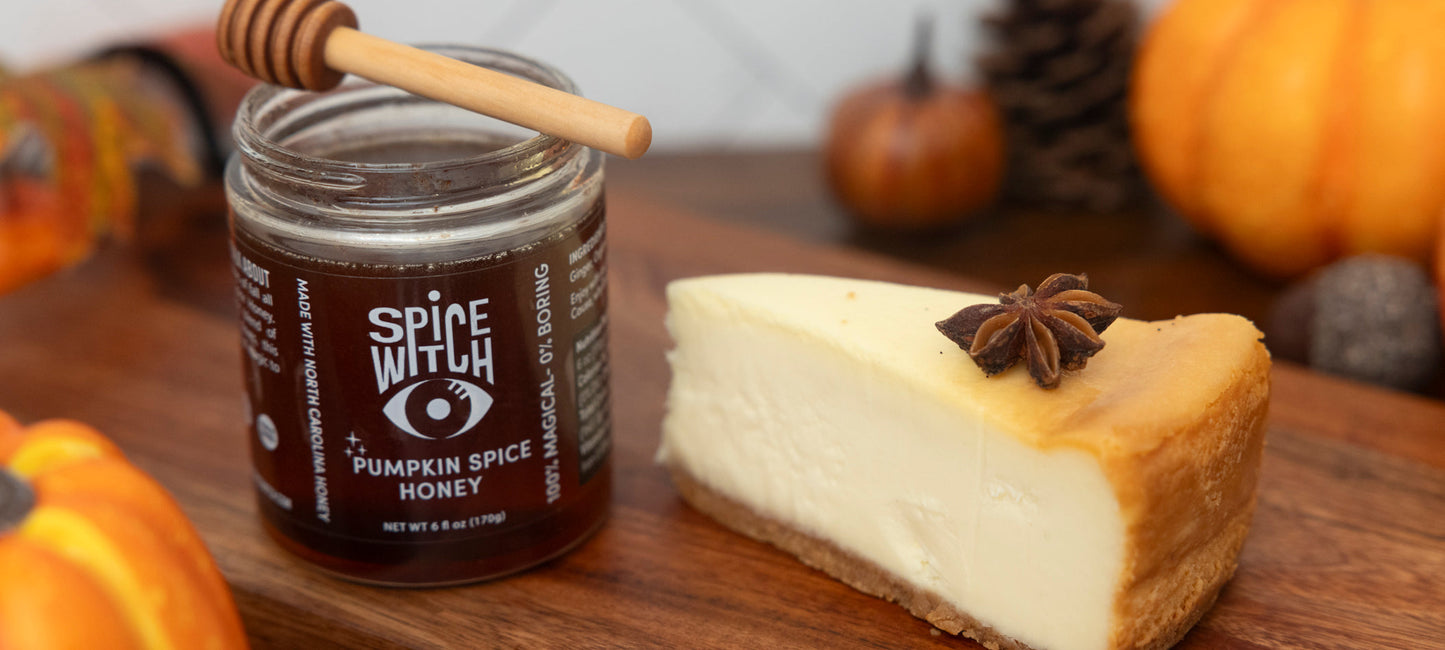 Pumpkin spice cheesecake with Spice Witch Pumpkin Spice Honey drizzle
