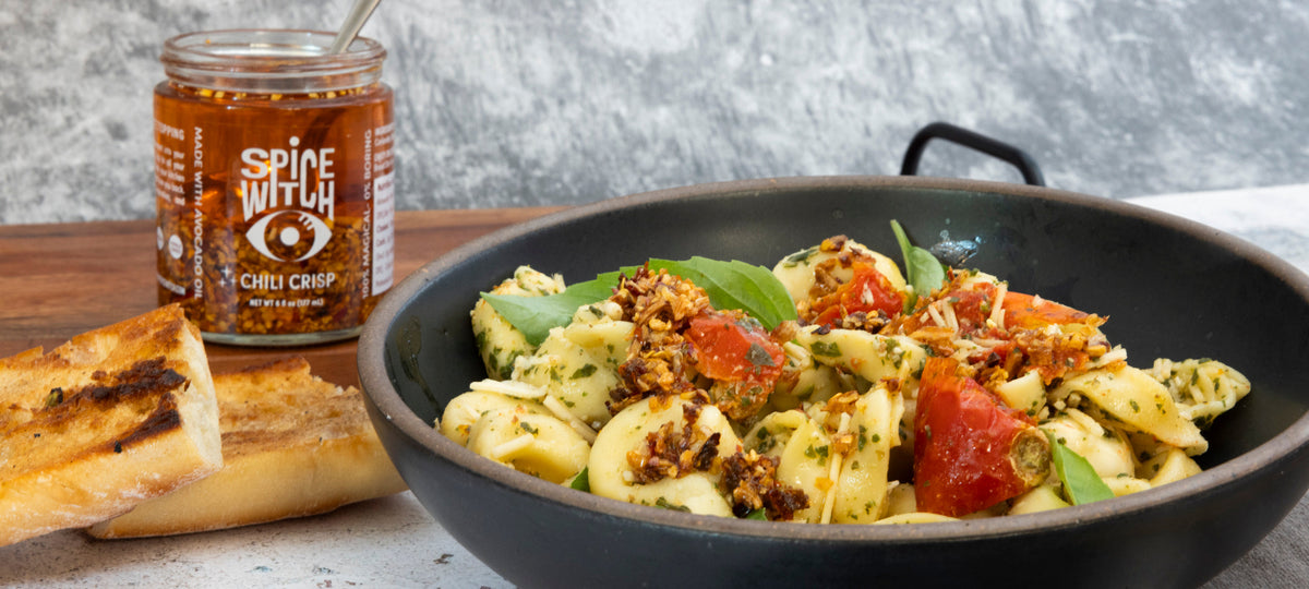 Tortellini caprese salad with Spice Witch Chili Crisp drizzle