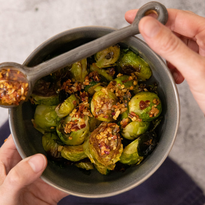 Spicy roasted brussel sprouts with Spice Witch Chili Crisp