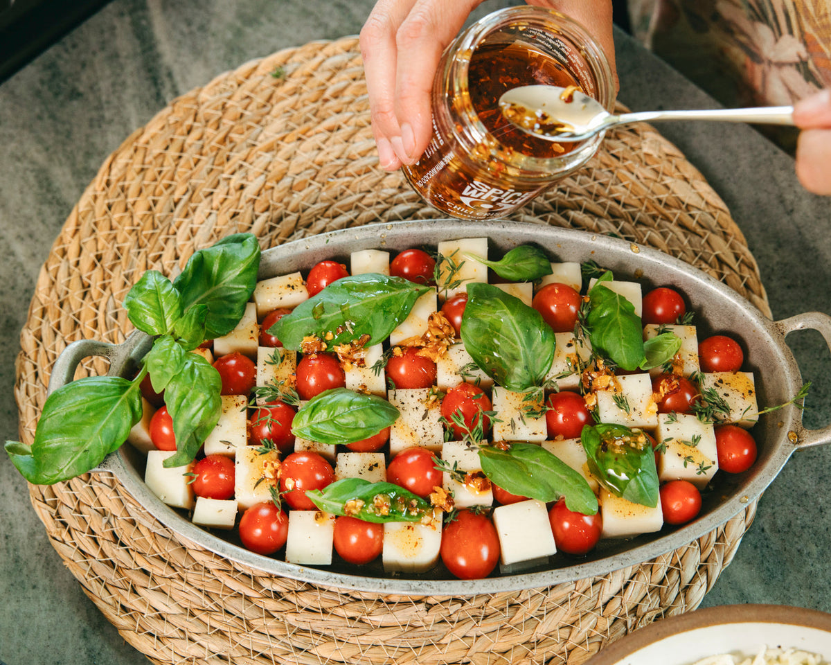 Checkerboard caprese salad with Spice Witch Chili Crisp drizzle