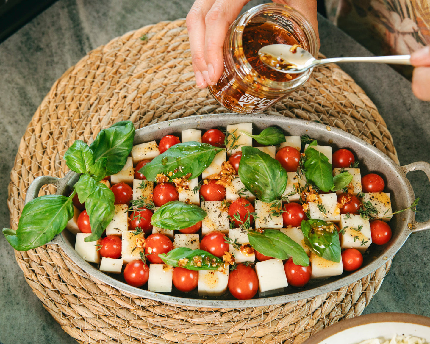 Checkerboard Caprese with Chili Crisp