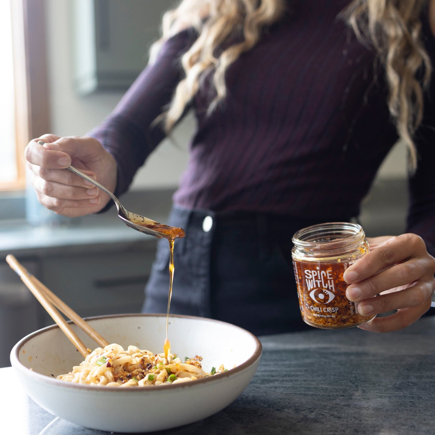 Chili oil noodles made with Spice Witch Chili Oil — quick weeknight noodle bowl