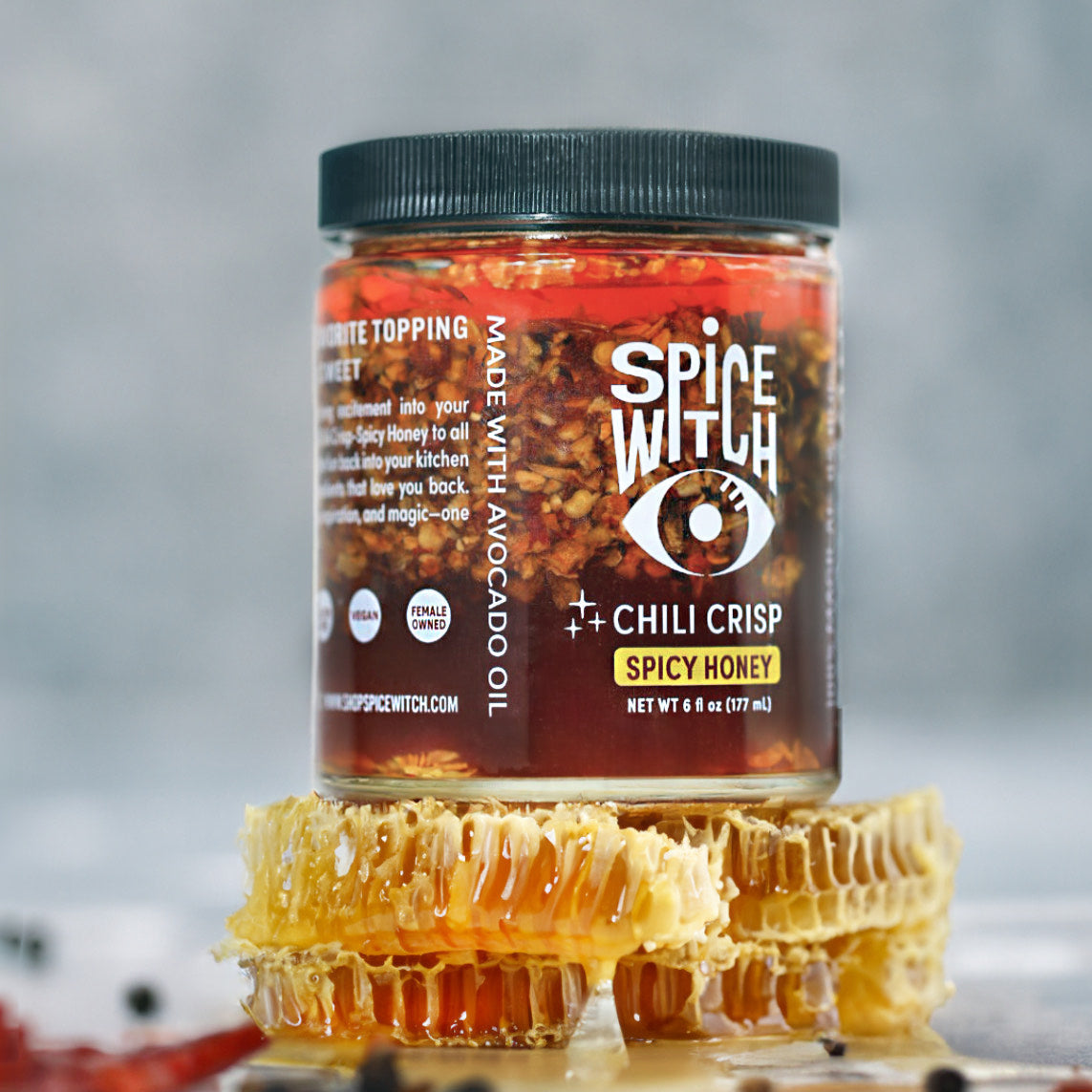 Spice Witch Spicy Honey Chili Crisp jar — crunchy sweet-heat chili crisp with avocado oil