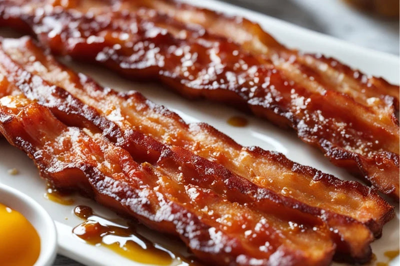 Thick-cut candied bacon glazed with extra hot honey on a white plate, with a dish of honey alongside