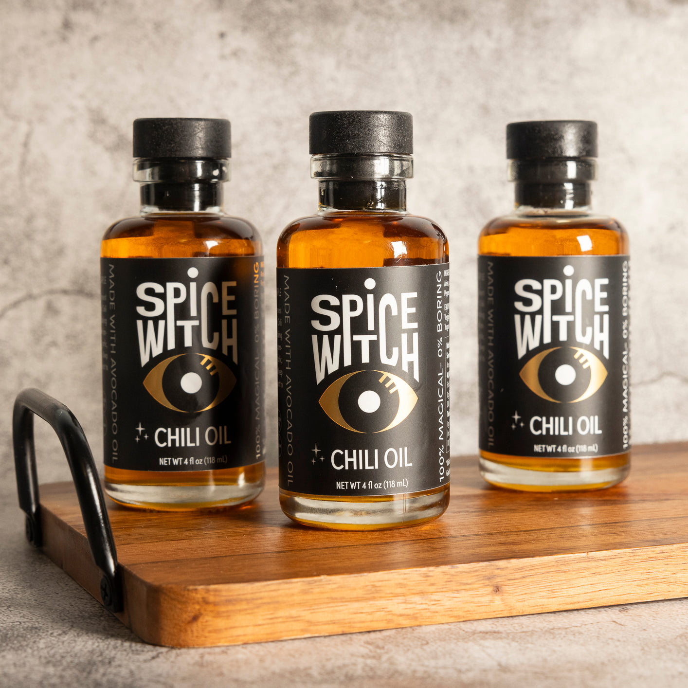 
                  
                    Spice Witch Chili Oil bundles include a 5-pack of 1.7 oz bottles, a 3-pack of 4 oz bottles, and a 3-pack of 8 oz bottles. Made with premium avocado oil, garlic, ginger, and aromatic spices, these versatile chili oils are perfect for cooking, drizzling, dipping, and enhancing meals with a spicy kick."
                  
                