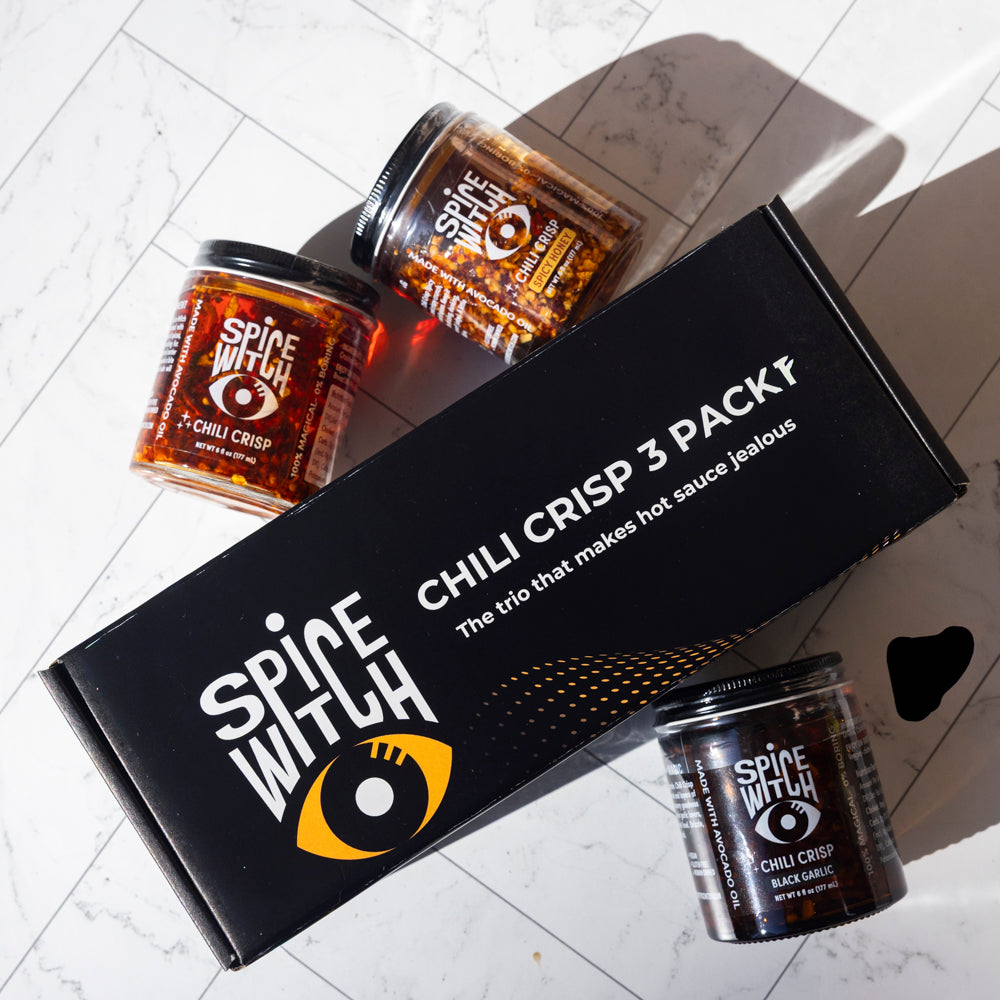 Spice Witch Chili Crisp 3 Pack box shown open with three jars — small-batch gift set from Asheville NC
