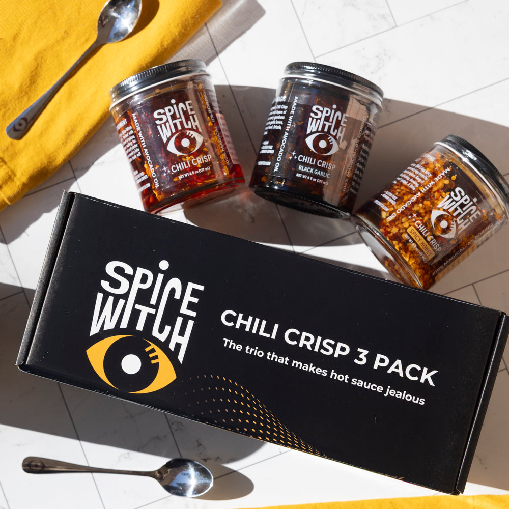 Spice Witch Chili Crisp 3 Pack gift box with all three chili crisp jars — Original, Black Garlic, and Spicy Honey