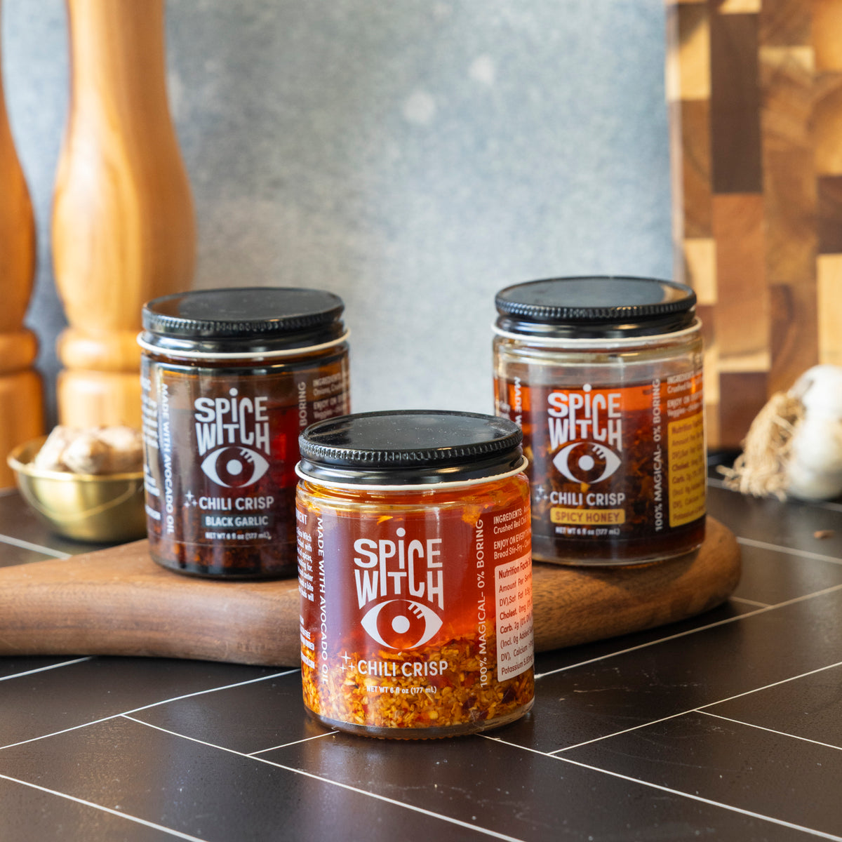 Chili crisp gift set of 3 by Spice Witch: Original, Black Garlic and Spicy Honey avocado oil chili crisp, small-batch in Asheville NC