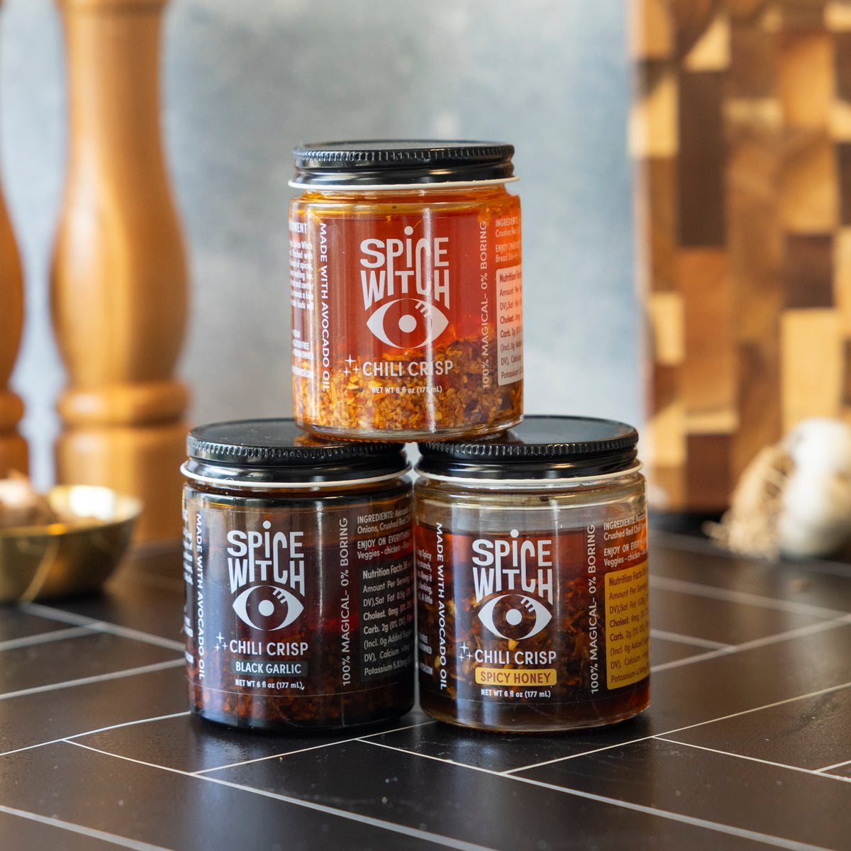 Spice Witch Chili Crisp Box of 3 variety pack: Original, Black Garlic and Spicy Honey chili crisp jars, seed oil free, made with avocado oil