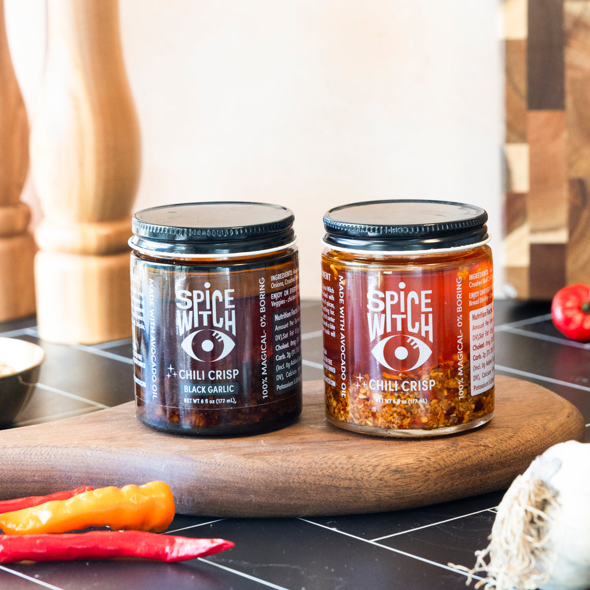 Spice Witch Chili Crisp Duo gift set: Black Garlic and Original chili crisp jars, seed oil free, made with avocado oil, small-batch in Asheville NC