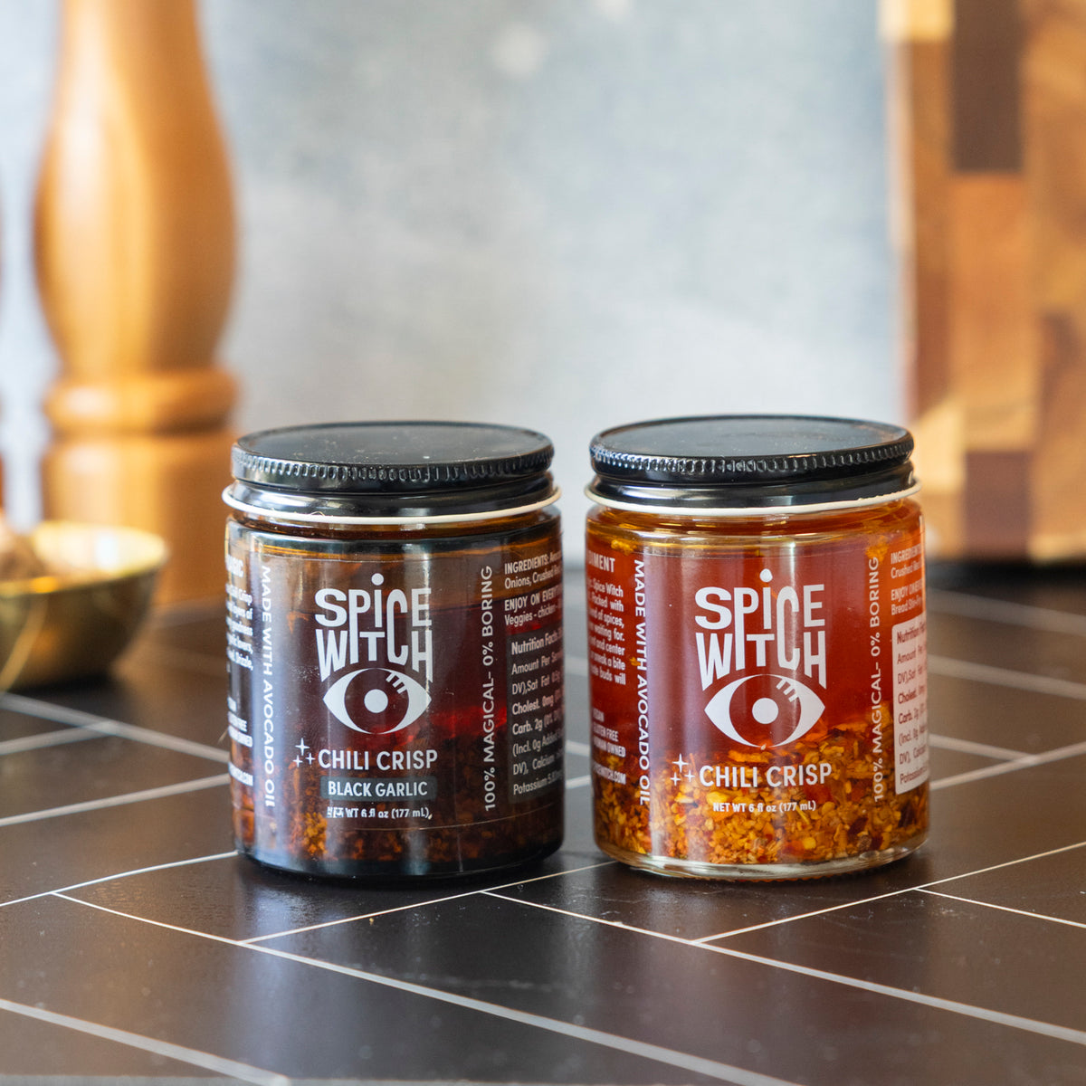 Black Garlic Chili Crisp and Original Chili Crisp 2-pack by Spice Witch, avocado oil chili crisp with no seed oils