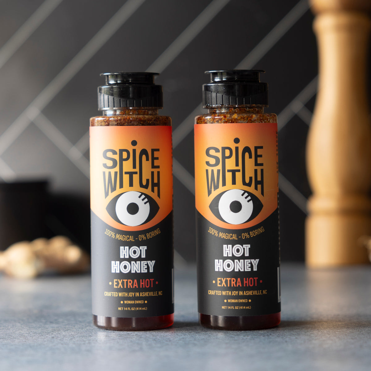 Spice Witch Hot Honey Duo — two Extra Hot Honey 14 fl oz squeeze bottles side by side